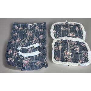 Vtg Cottagecore Blue Floral Curtain Panels, Tie Backs & Pillow Shams Shabby Chic